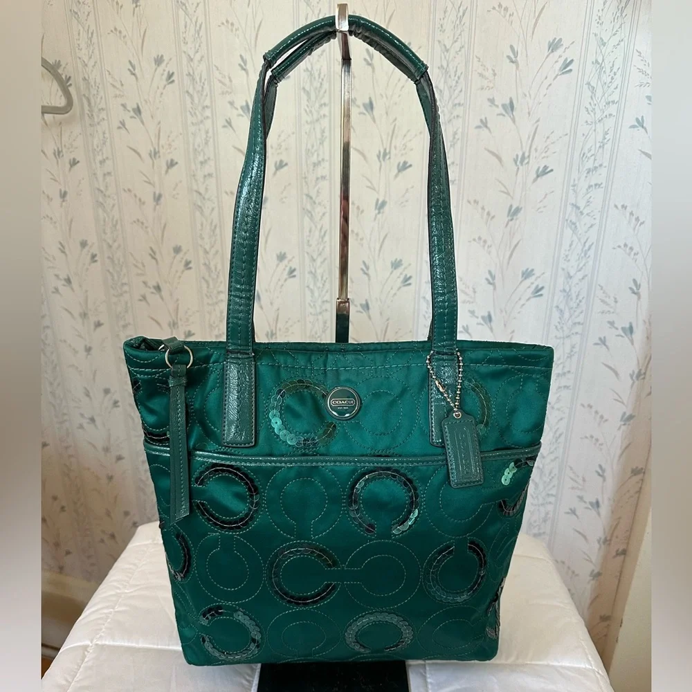 Coach Emerald Satin Tote with Circle Sequin Pattern - Picture 2 of 16
